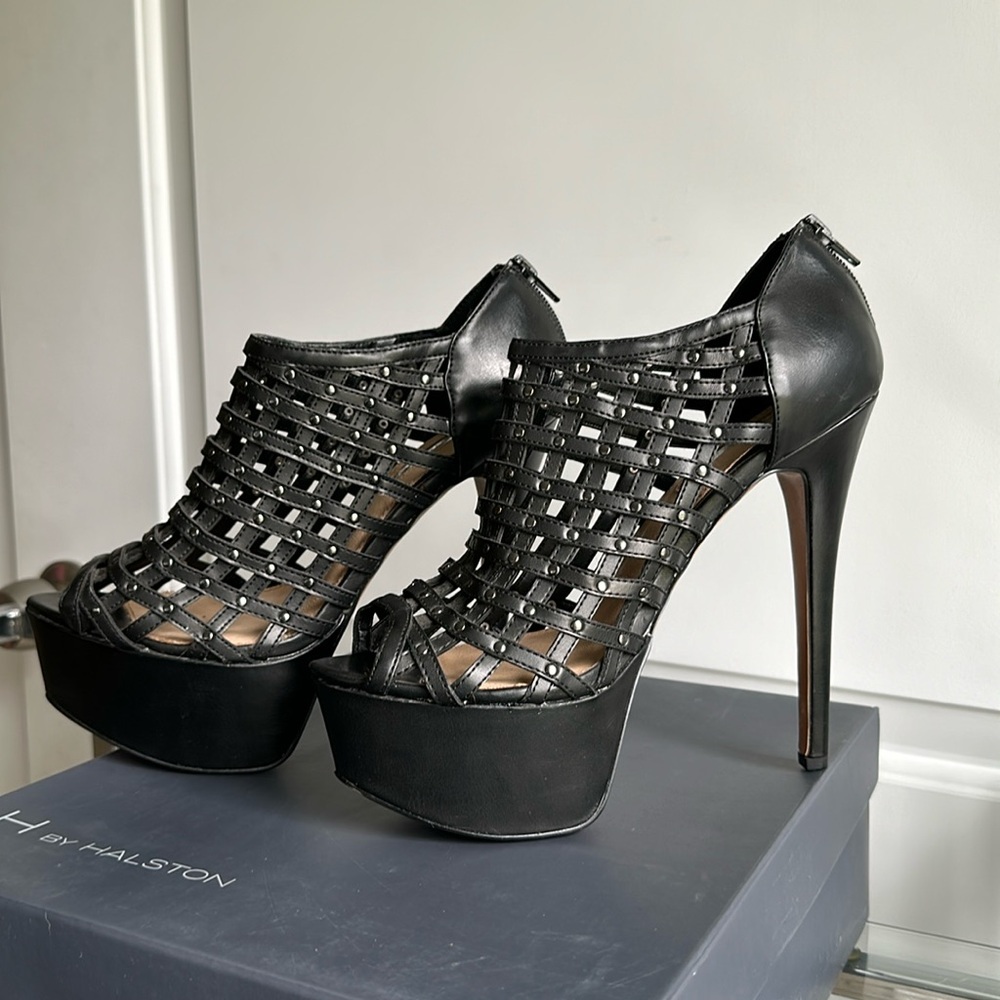 H by Halston Kelsey Black Studded Peep-Toe Booties, Size 8.5 M.